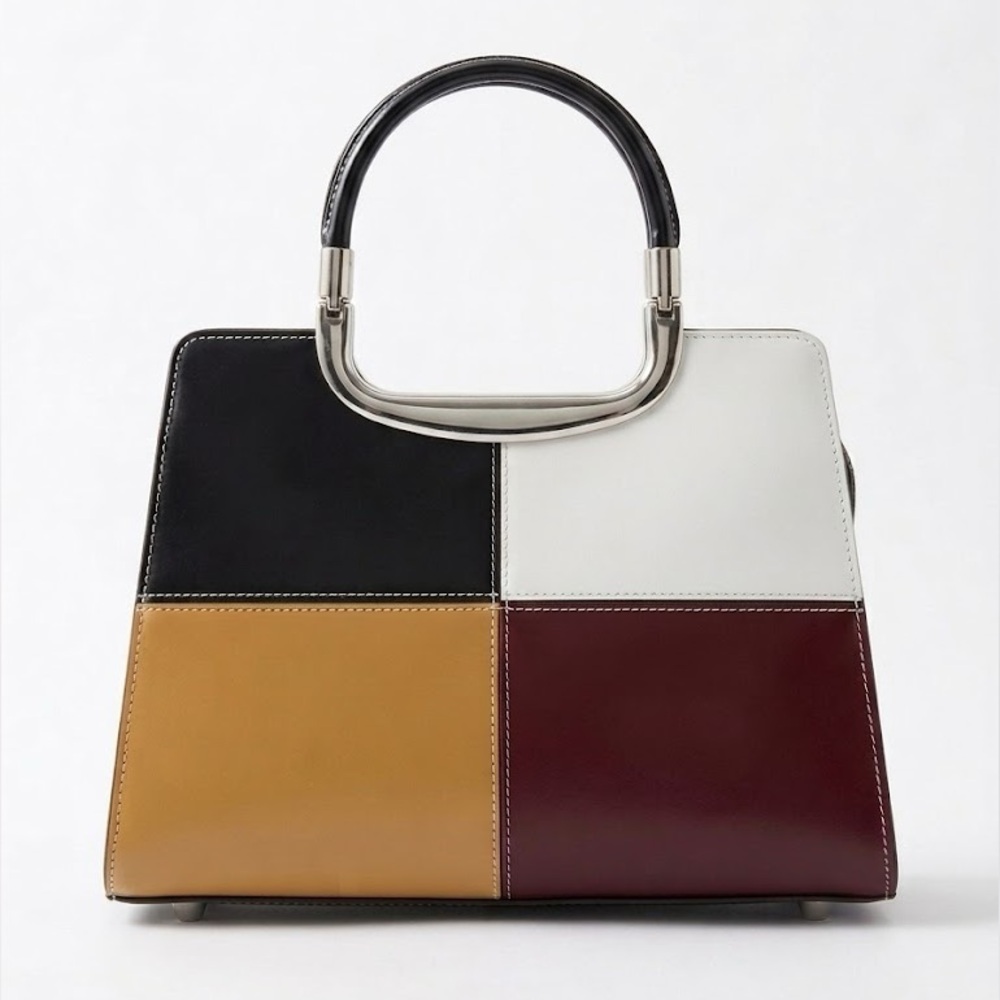 Colorblock Leather Top-Handle Bag in Black, White, Mustard, and Burgundy NWOT